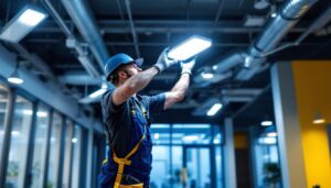 A photograph of a lighting contractor installing surface mount led light fixtures in a modern commercial space