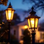 A photograph of a beautifully designed yard lamp post illuminated at twilight