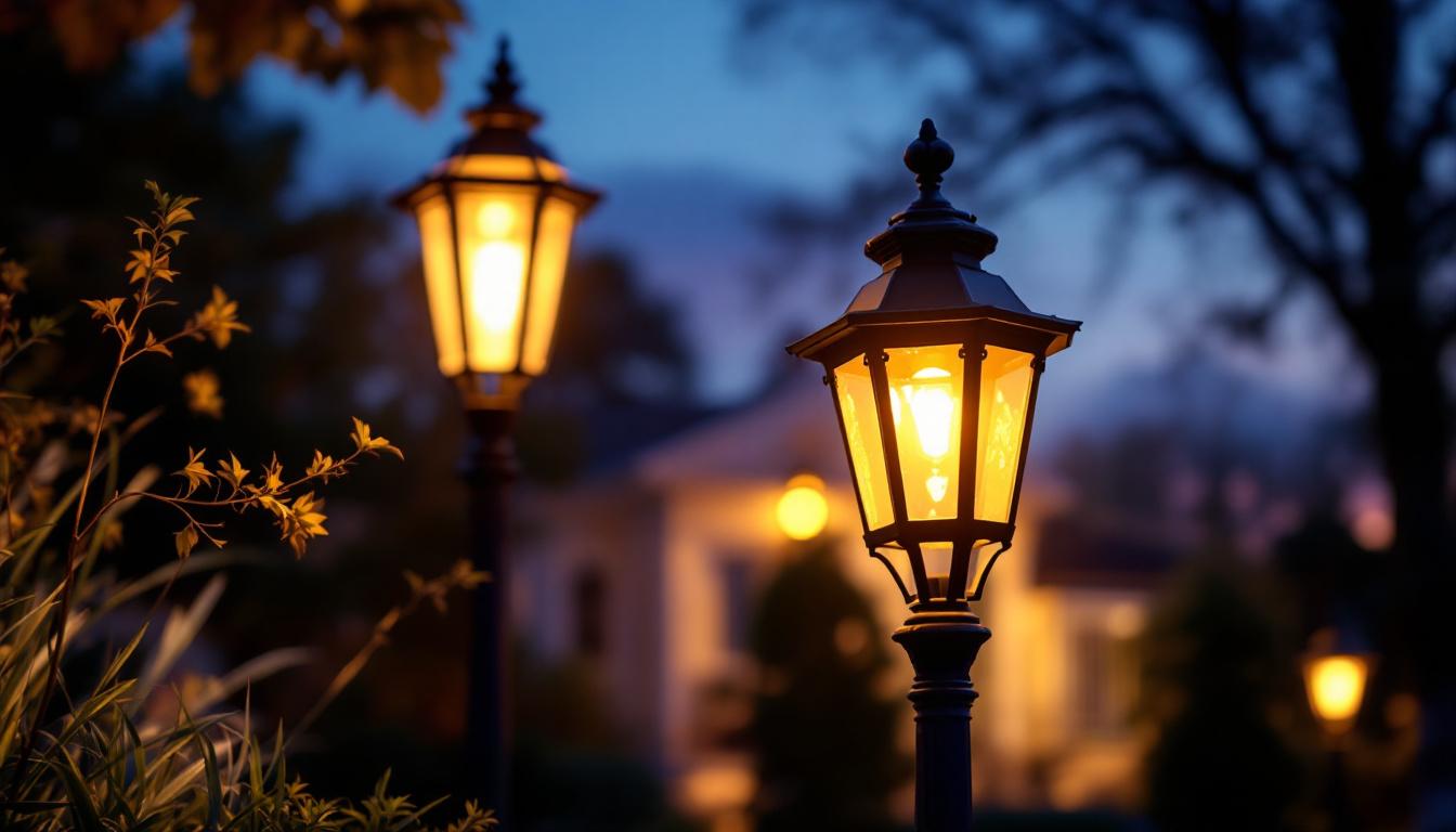 A photograph of a beautifully designed yard lamp post illuminated at twilight