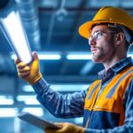 A photograph of a lighting contractor inspecting a modern fluorescent lighting installation in a commercial space