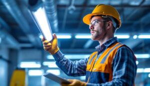 A photograph of a lighting contractor inspecting a modern fluorescent lighting installation in a commercial space
