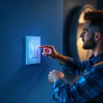 A photograph of a lighting contractor expertly installing a wi-fi-enabled smart switch in a modern home