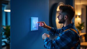 A photograph of a lighting contractor expertly installing a wi-fi-enabled smart switch in a modern home