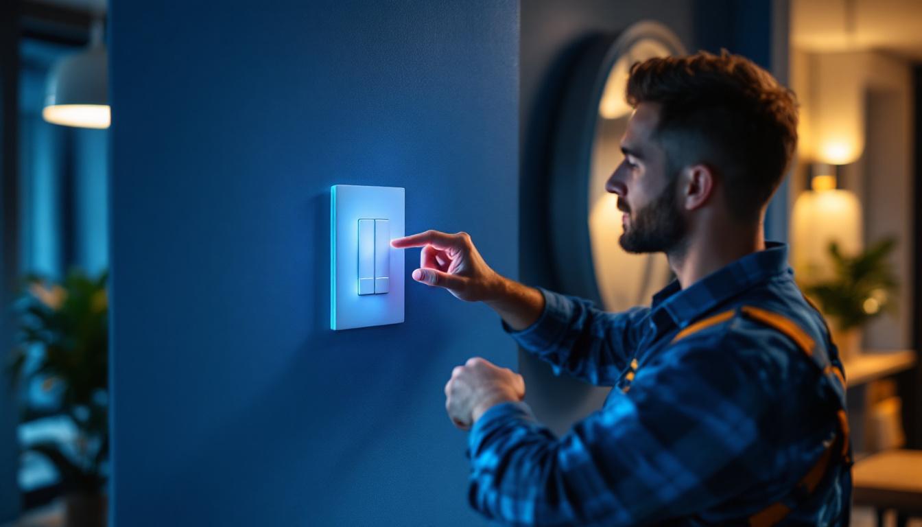 A photograph of a lighting contractor expertly installing a wi-fi-enabled smart switch in a modern home