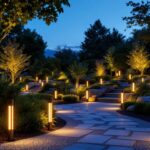A photograph of a beautifully illuminated outdoor landscape featuring various styles of battery-powered landscape lighting