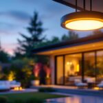 A photograph of a stylish modern outdoor ceiling light installed in a beautifully landscaped patio setting during twilight