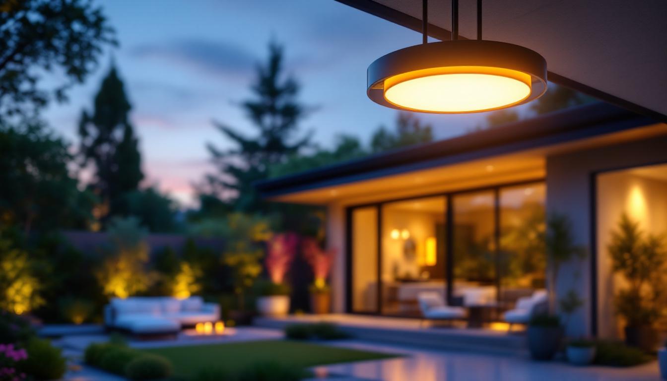 A photograph of a stylish modern outdoor ceiling light installed in a beautifully landscaped patio setting during twilight