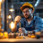 A photograph of a skilled lighting contractor expertly installing or demonstrating the use of an electrical pull string in a well-lit