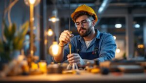 A photograph of a skilled lighting contractor expertly installing or demonstrating the use of an electrical pull string in a well-lit