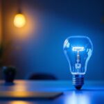 A photograph of a square bulb illuminating a modern workspace