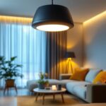A photograph of a stylish flush-mounted light fixture installed in a modern living space