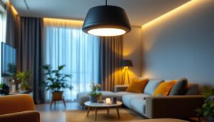 A photograph of a stylish flush-mounted light fixture installed in a modern living space