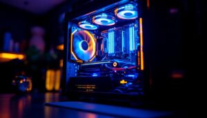 A photograph of a modern computer cabinet illuminated by vibrant led lighting