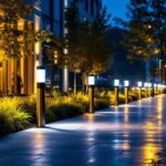A photograph of a well-lit outdoor space showcasing various led bollards in use