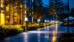 A photograph of a well-lit outdoor space showcasing various led bollards in use