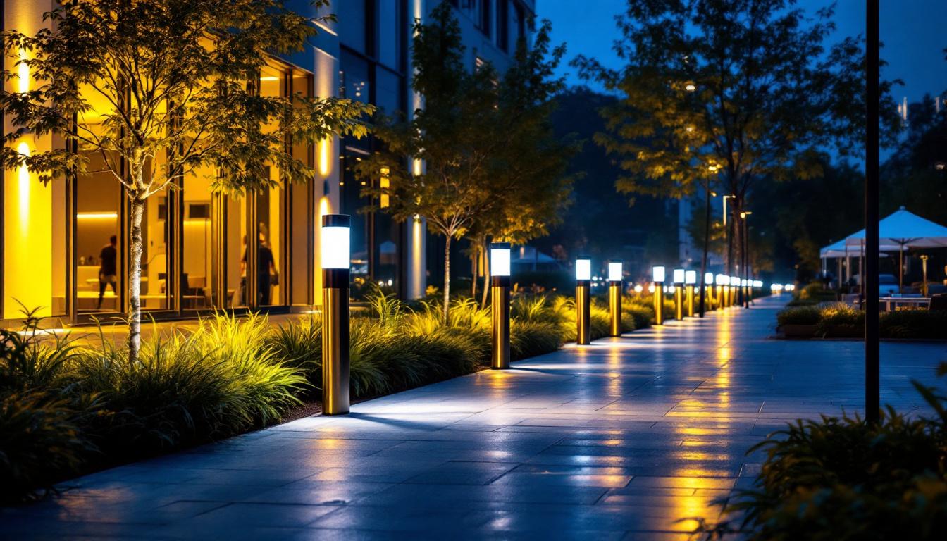 A photograph of a well-lit outdoor space showcasing various led bollards in use