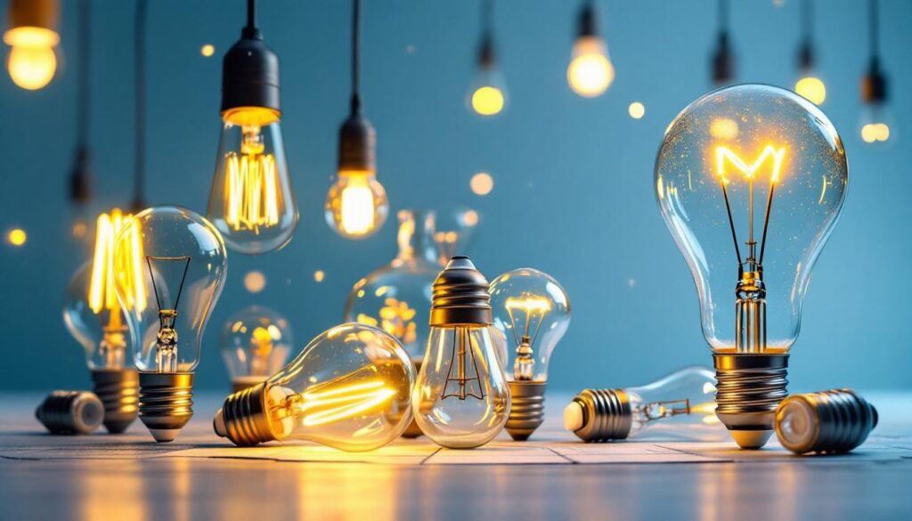 A photograph of a variety of light bulbs in different shapes and sizes arranged artistically