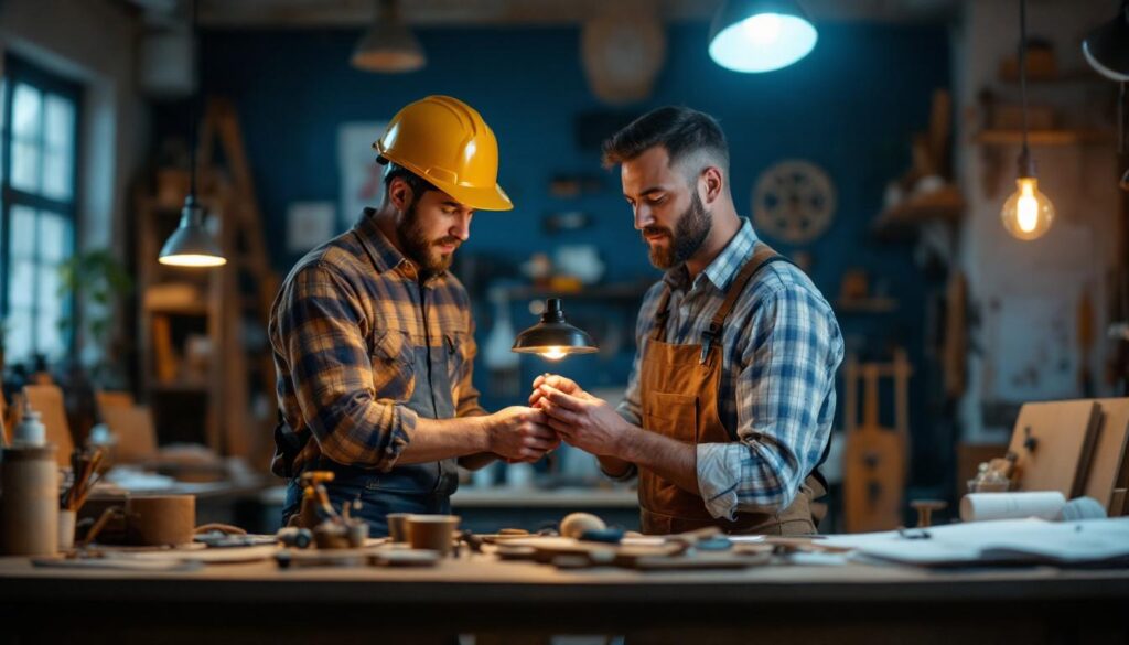 A photograph of a skilled lighting contractor inspecting a beautifully crafted american-made lamp in a well-lit workshop