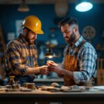 A photograph of a skilled lighting contractor inspecting a beautifully crafted american-made lamp in a well-lit workshop