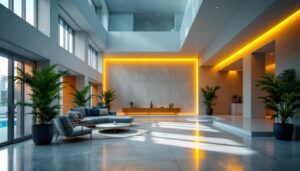 A photograph of a beautifully lit architectural space that showcases a harmonious balance between natural and artificial lighting