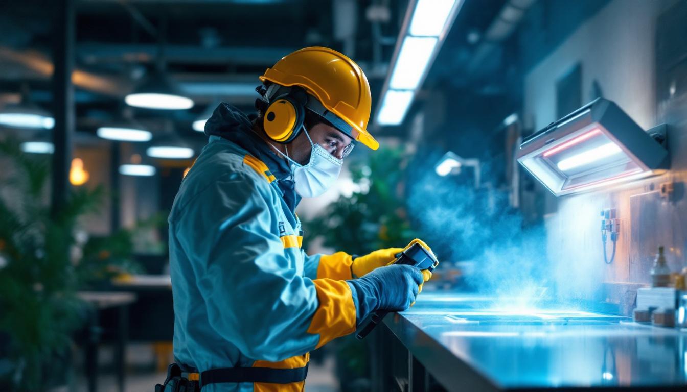 A photograph of a lighting contractor using uv lights to sanitize a commercial space