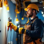 A photograph of a skilled lighting contractor at work