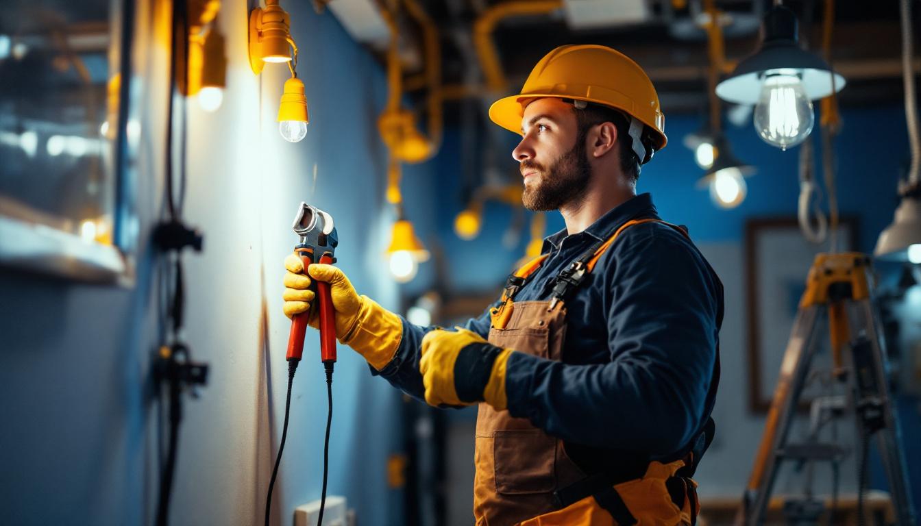 A photograph of a skilled lighting contractor at work
