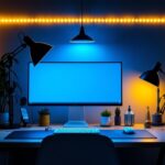 A photograph of a well-lit workspace featuring a variety of lighting setups