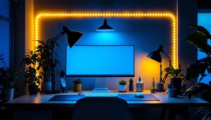 A photograph of a well-lit workspace featuring a variety of lighting setups