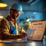A photograph of a lighting contractor evaluating a brightly lit workspace