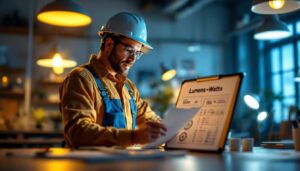 A photograph of a lighting contractor evaluating a brightly lit workspace