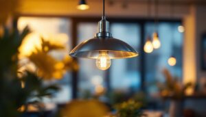 A photograph of a beautifully designed stainless steel pendant light fixture hanging in a stylish interior setting