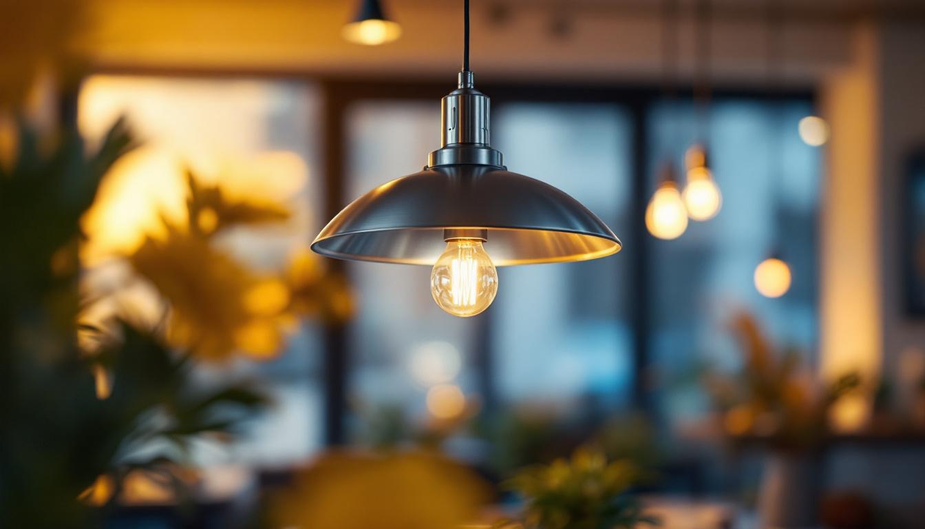 A photograph of a beautifully designed stainless steel pendant light fixture hanging in a stylish interior setting