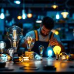 A photograph of a well-lit workspace featuring a variety of light bulb styles