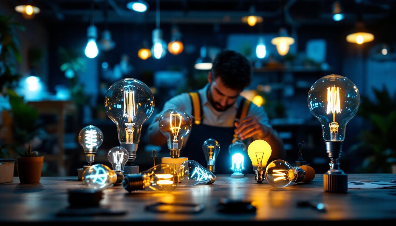 A photograph of a well-lit workspace featuring a variety of light bulb styles