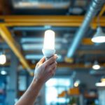 A photograph of a lighting contractor installing a corn light bulb in a commercial setting