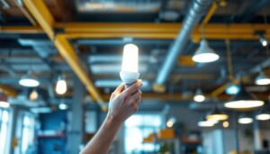 A photograph of a lighting contractor installing a corn light bulb in a commercial setting