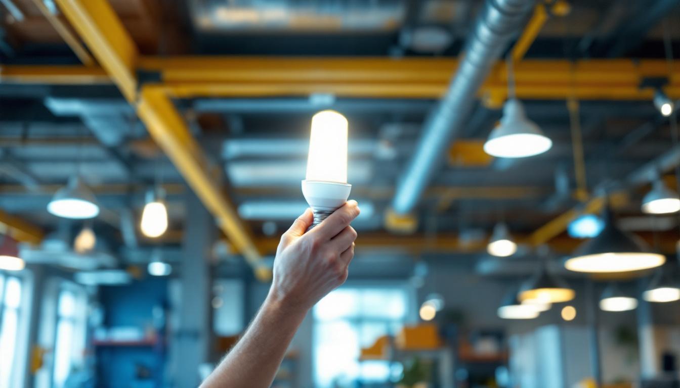 A photograph of a lighting contractor installing a corn light bulb in a commercial setting