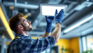 A photograph of a lighting contractor installing a sleek led ceiling panel light in a modern commercial space