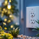A photograph of a well-installed outdoor outlet box cover in a landscaped outdoor setting