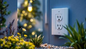 A photograph of a well-installed outdoor outlet box cover in a landscaped outdoor setting