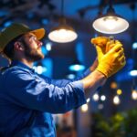 A photograph of a lighting contractor expertly installing or adjusting various types of lighting fixtures in a well-lit space