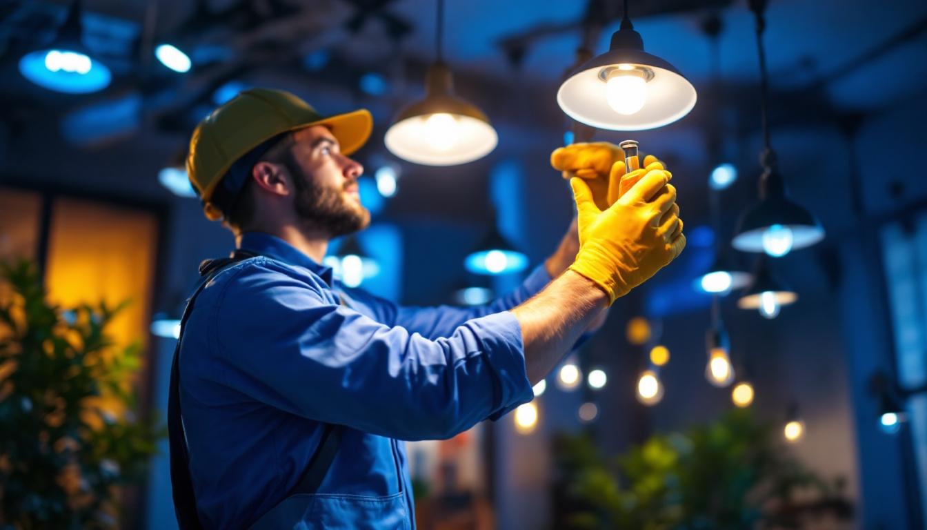 A photograph of a lighting contractor expertly installing or adjusting various types of lighting fixtures in a well-lit space