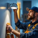 A photograph of a skilled contractor installing a motion-activated light fixture in a modern home setting