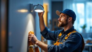 A photograph of a skilled contractor installing a motion-activated light fixture in a modern home setting