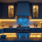 A photograph of a beautifully designed kitchen featuring under cabinet ribbon lighting
