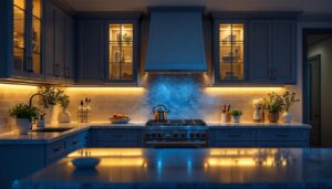 A photograph of a beautifully designed kitchen featuring under cabinet ribbon lighting