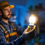 A photograph of a lighting contractor installing or demonstrating the use of a 13w cfl bulb in a residential or commercial setting