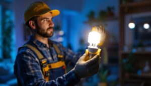 A photograph of a lighting contractor installing or demonstrating the use of a 13w cfl bulb in a residential or commercial setting