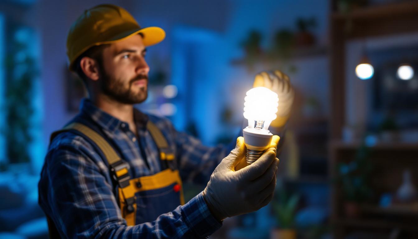 A photograph of a lighting contractor installing or demonstrating the use of a 13w cfl bulb in a residential or commercial setting